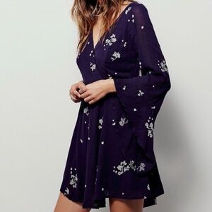 Free People Boho Jasmine Purple floral embroidered kimono bell sleeve dress 0